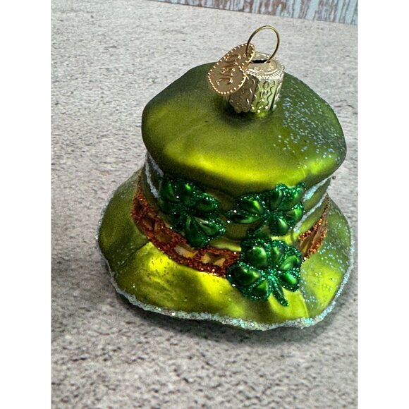 Green Leprechaun Shamrocks Hat Glass Christmas Ornament Old World Christmas - Picture 7 of 8